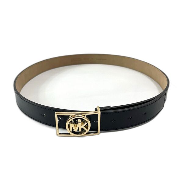 Michael Kors Women's Rectangle MK Gold-Tone Buckle Belt – Black, Large - Picture 1 of 3